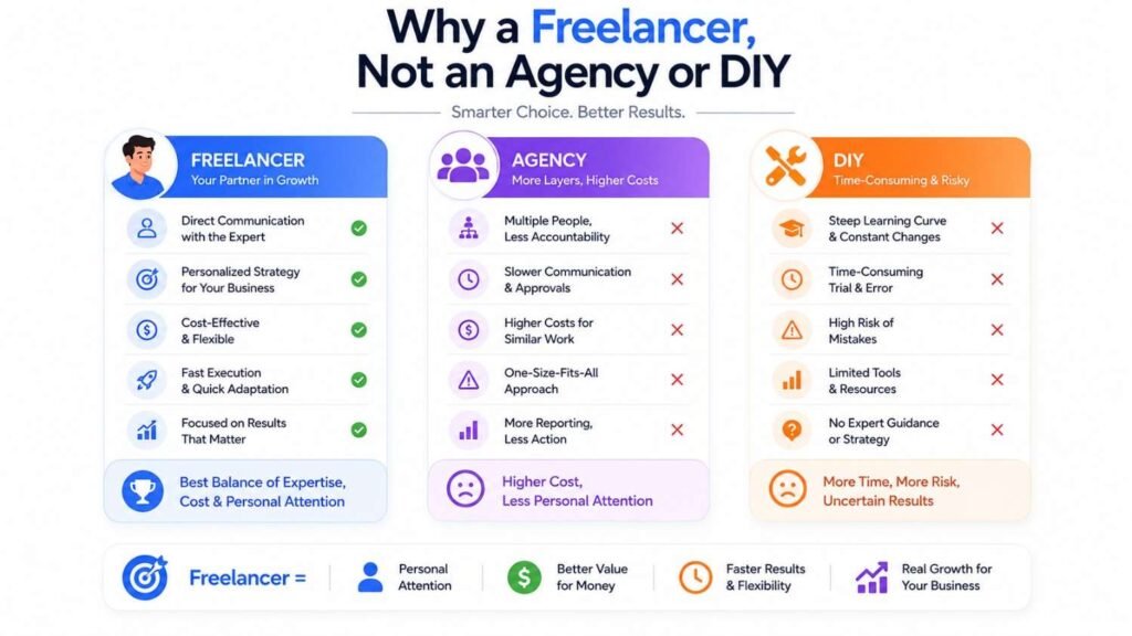 The Real Benefits of Freelance SEO Services for Small Businesses in Local Markets. Comparison infographic explaining why hiring a freelance SEO specialist is often a better choice for local businesses than using an agency or managing SEO yourself, highlighting personalized service, affordability, flexibility, and faster execution.