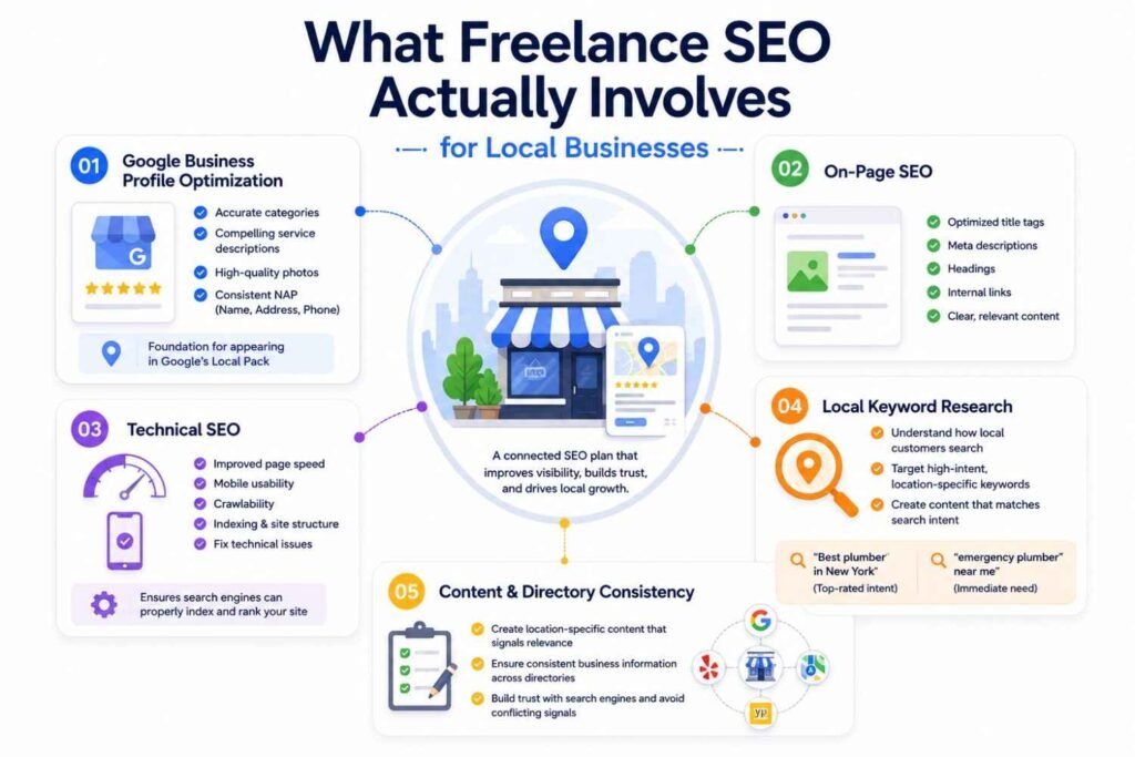 The Real Benefits of Freelance SEO Services for Small Businesses in Local Markets.Infographic illustrating what freelance SEO actually involves for local businesses, including Google Business Profile optimization, on-page SEO, technical SEO, local keyword research, and content and directory consistency.