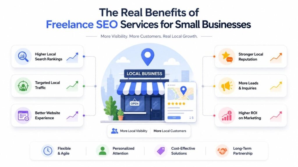 Infographic showing the key The Real Benefits of Freelance SEO Services for Small Businesses in Local Markets
, including higher local search rankings, targeted traffic, stronger reputation, more leads, better website experience, and higher marketing ROI.