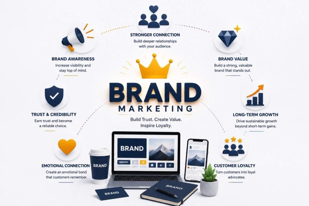 In Performance Marketing vs Brand Marketing ,Brand marketing looks ahead. It does not try to get sales. It works on making people know your brand trust your brand and feel connected to your brand.